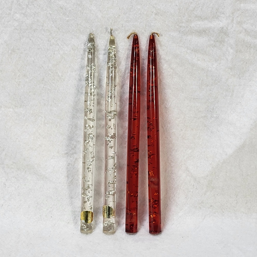 Vintage Lucite Acrylic Taper Candles Silver Gold Foil Clear Red 12" Set of 4 MCM